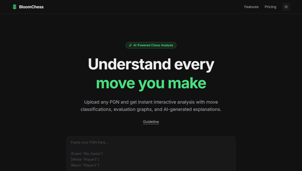 BloomChess home with PGN input, Upload, Try Sample, and Analyze Game