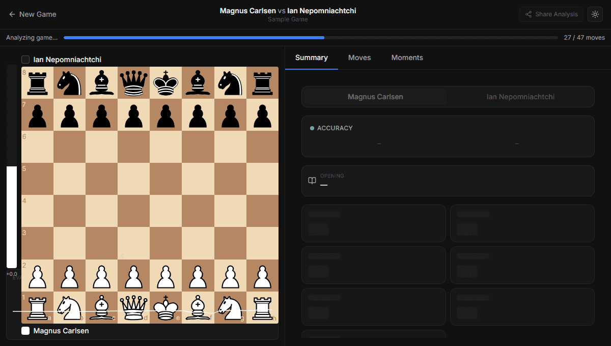 BloomChess summary panel showing accuracy, opening, and move classifications